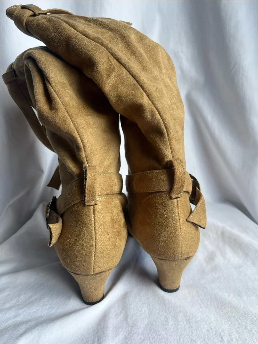 Women's Knee-High faux Suede Buckle Boots in Tan